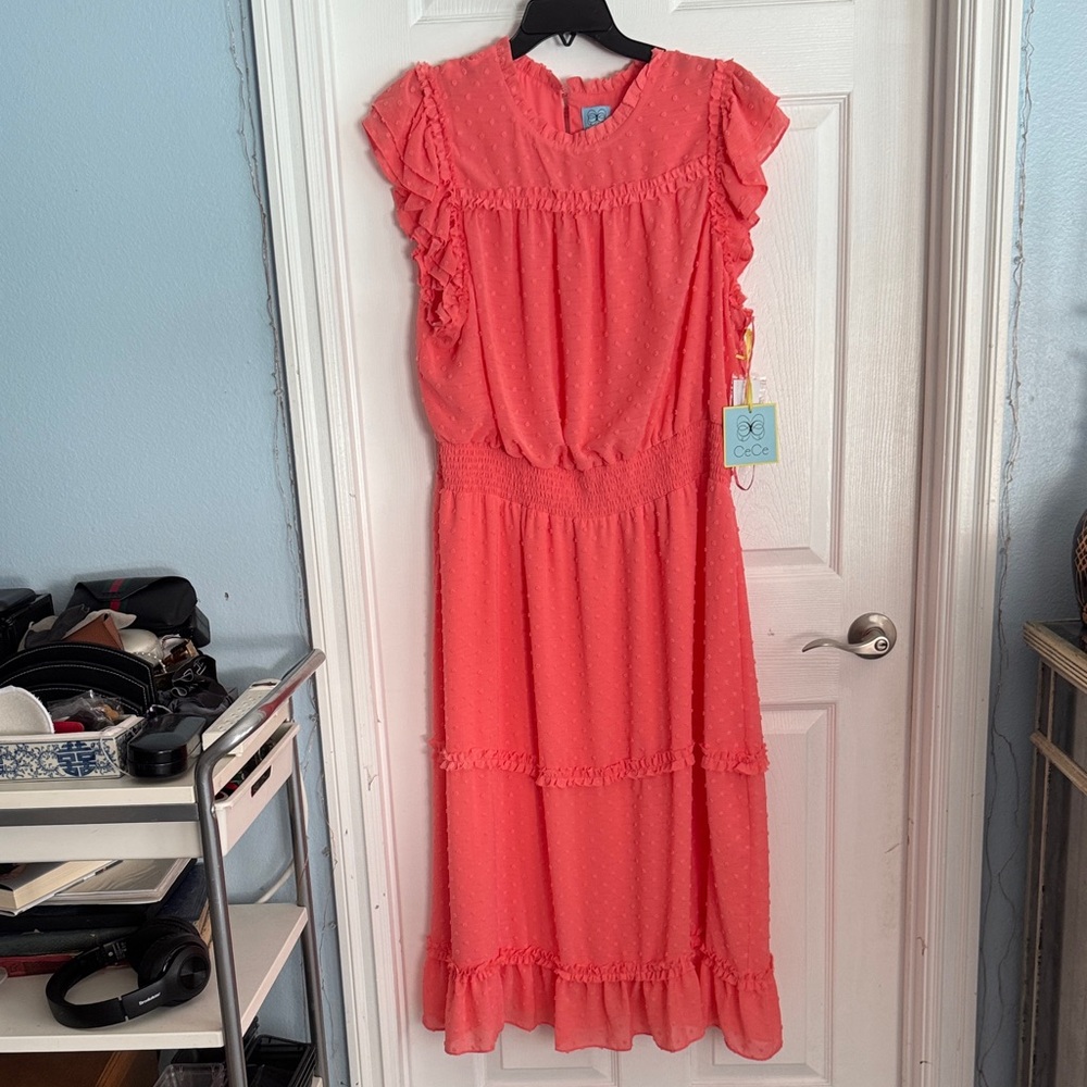 CeCe Coral Pink Ruffled Midi Dress